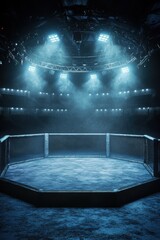 Empty Octagon MMA Cage Under Stage Lights: A Dramatic Fight Arena Setting