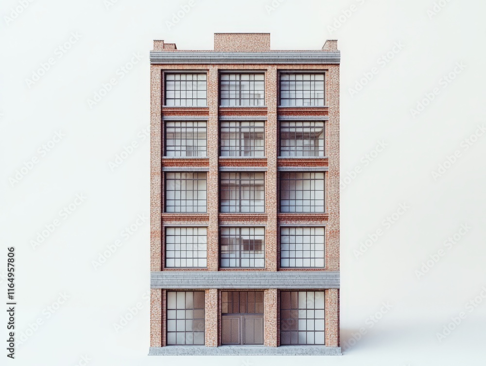 Poster a detailed 3d model of a brick building with large windows and a modern design.