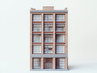 A detailed 3D model of a brick building with large windows and a modern design.