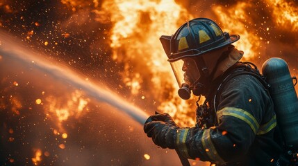 Courageous Firefighter Battling Intense Flames in Burning Structure