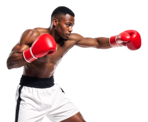 Side view portrait of an African American boxer throwing a punch
