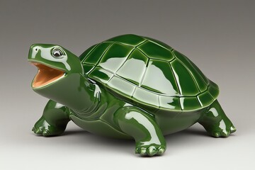 Obraz premium A vibrant green ceramic turtle sculpture with a smiling expression, showcasing a shiny finish and intricate shell details.