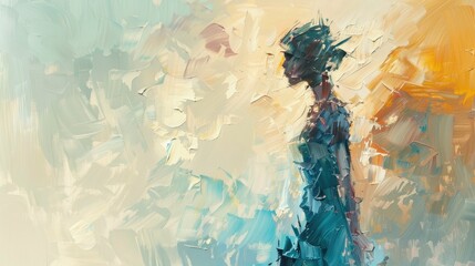 Abstract depiction of a figure in a dreamlike landscape with soft colors and brush strokes.