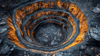 Aerial view of a large, circular mine pit with concentric rings.