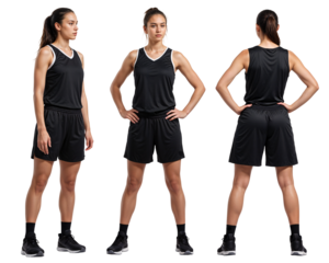 Female basketball player in plain black sleeveless jersey mockup – isolated background