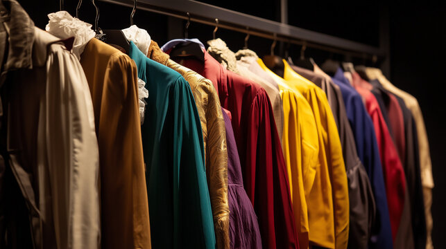 Backstage dressing room filled with colorful costumes and props, symbolizing creativity, preparation, and the magic of transformation in performing arts