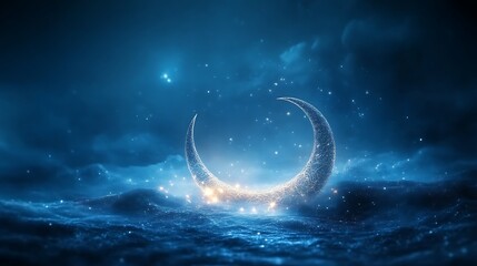 Fototapeta premium Crescent Moon Glowing Brightly Over Night Sky