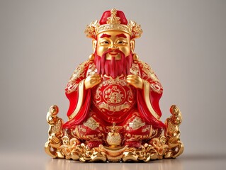Obraz premium A golden and red statue of a traditional Chinese deity, symbolizing prosperity and good fortune.