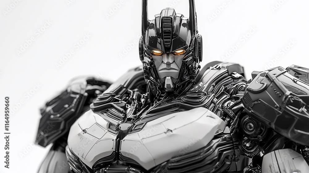 Poster close-up of a futuristic robot's head and torso, showcasing intricate mechanical details.