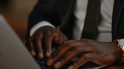 Fototapeta premium Close-up of a businessman hands typing on a laptop, crafting an important email while participating in an online training