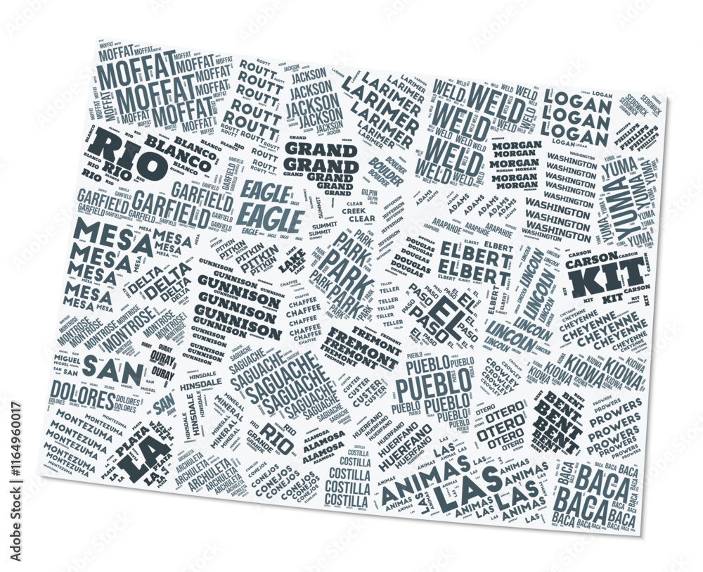 Poster colorado shape text cloud. state border with shadow on white background. colorado with counties divi