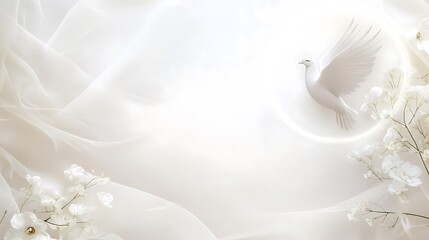 Fototapeta premium White Dove Soaring Above Delicate White Flowers and Fabric