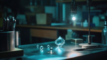 Discover the art of gem crafting in this workshop, showcasing exquisite crystals, precision tools, and expert lighting techniques.
