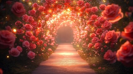 Fototapeta premium A romantic floral tunnel of pink and red roses illuminated by fairy lights, perfect for weddings, anniversaries, and spring events, with ample space for text overlays.