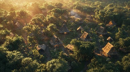 Sunrise over a remote jungle village.