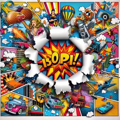Pop Art Explosion Ripped white paper with a collage of pop art i