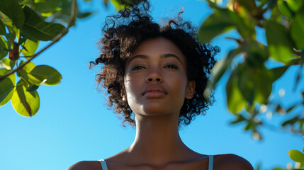 Serene Black woman with Afro framed by foliage under blue sky.