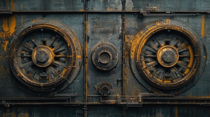 Fototapeta premium Rustic industrial metal wall with two large circular vents, showing age and wear. Perfect for steampunk, grunge, or industrial design projects needing a textured background.