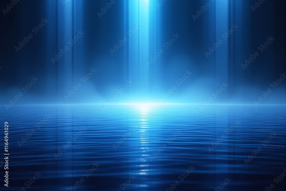 Poster abstract glowing blue light beams cascading over a calm water surface, creating a tranquil and ether