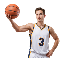 Young caucasian basketball player portrait holding a ball, pose on isolated background