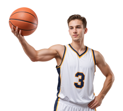 Young caucasian basketball player portrait holding a ball, pose on isolated background