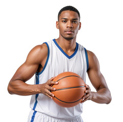Pro African American basketball player holding a ball looking tough on isolated background