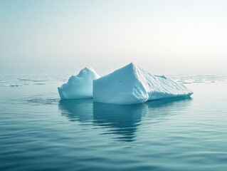 A serene iceberg floating in calm waters under a soft, hazy sky.