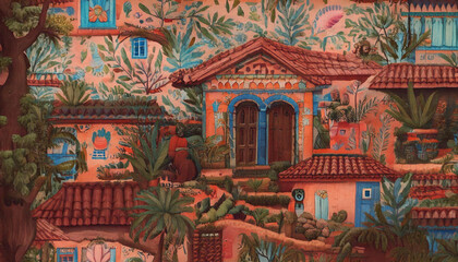 Obraz premium seamless wallpaper with old house; architecture for designer; concept backdrop and logo design in rich warm colors