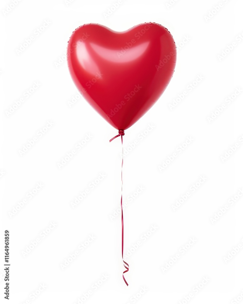Poster vibrant red heart shaped balloon floating elegantly with a long string against a clean white backgro