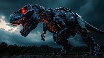Robotic T-Rex dinosaur in dark stormy sky.