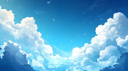Naklejka premium A Serene Sky Filled With Fluffy White Clouds and Birds