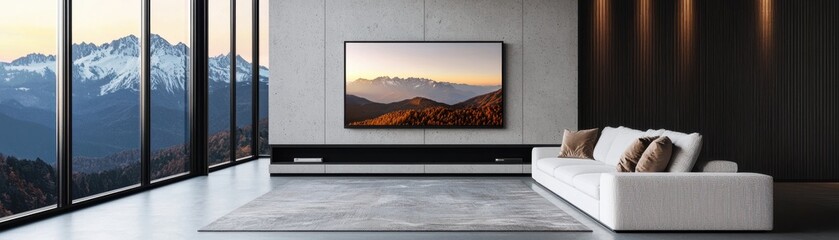Modern living room with scenic mountain view interior design contemporary bright inviting atmosphere