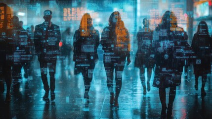 Anonymous figures walking city street, overlaid with digital data streams.