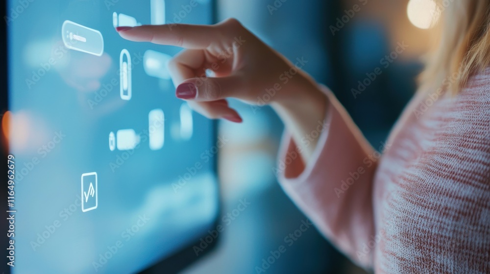 Poster user interaction with digital interface modern office technology display innovative environment clos