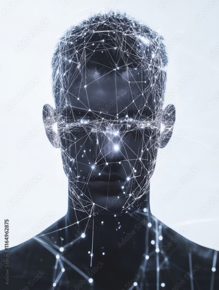 Poster a digital representation of a human face with interconnected lines and nodes, symbolizing technology