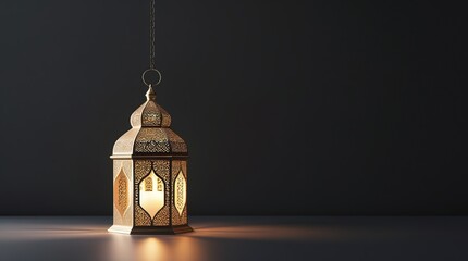 A delicate Ramadan decorative lantern, with a sharp and soft plain black background that highlights the intricate details of the subject.