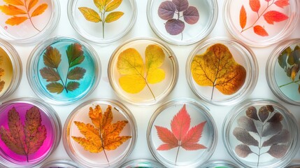 Colorful autumn leaves preserved in resin. Perfect for crafting, nature, or autumnal themes.