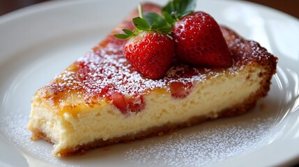 A slice of classic cheesecake topped with a fresh strawberry and served on a clean white plate 