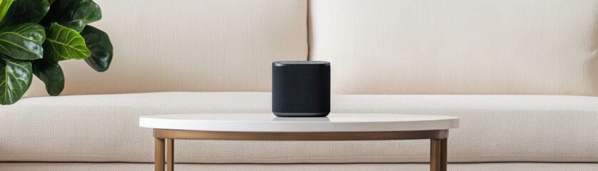 Obraz premium Home smart speaker setup modern living room product photography cozy atmosphere close-up technology integration