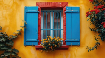 A vibrant window with blue shutters and a flower box against a yellow wall.