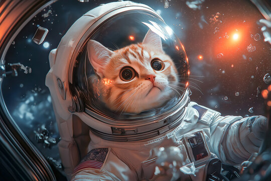 Adorable orange tabby cat astronaut wearing spacesuit with american flag patch, exploring the vastness of space