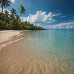 Sandy tropical beach with island on background.

