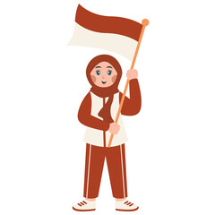 Hijab Girl Holding Indonesian Flag. indonesian Independence Day Celebration. Vector Character Illustration