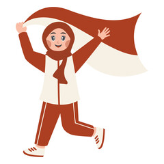 Hijab Girl Holding Indonesian Flag. indonesian Independence Day Celebration. Vector Character Illustration