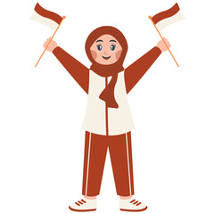 Fototapeta premium Hijab Girl Holding Indonesian Flag. indonesian Independence Day Celebration. Vector Character Illustration
