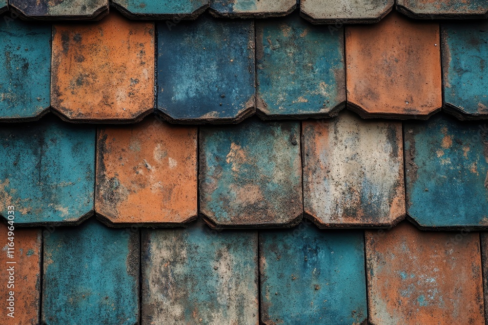 Poster weathered teal and terracotta roof tiles, closely arranged in an overlapping pattern. ideal for proj