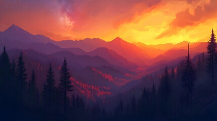Fototapeta premium Majestic Mountain Range Sunset Starry Sky