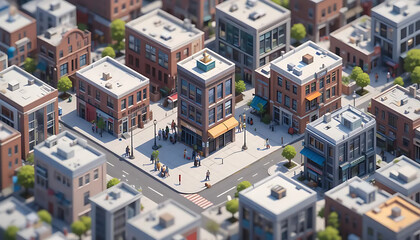 High-angle view of a vibrant pixelated city street scene