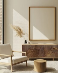 Stylish Minimalist Living Room with Elegantly Designed Wooden Cabinet and Armchair, Featuring Natural Light and Modern Décor Elements Including a Blank Frame