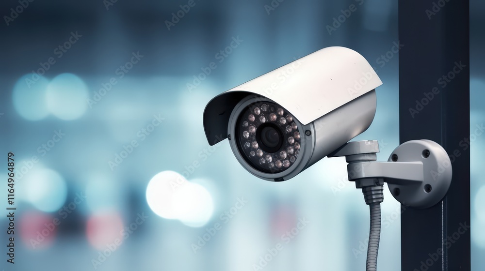 Poster high-resolution close-up of security cctv camera mounted on a wall with blurred background and led l